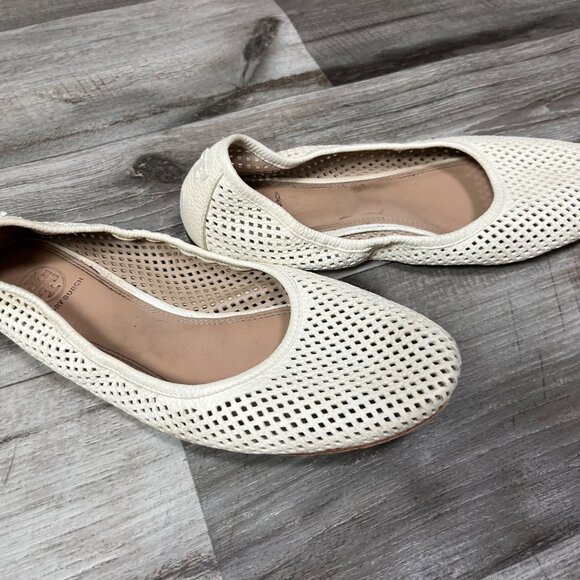 Tory Burch Whitaker Perforated Leather Ballet Flats Cream Women’s Size 6 - Picture 2 of 8